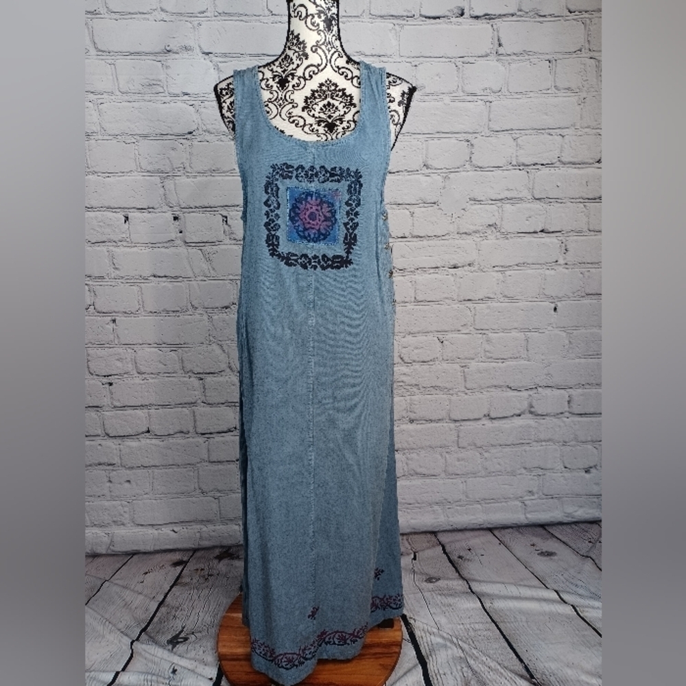 C D C women's sleeveless side button size 4 maxi chambray dress geo print b8